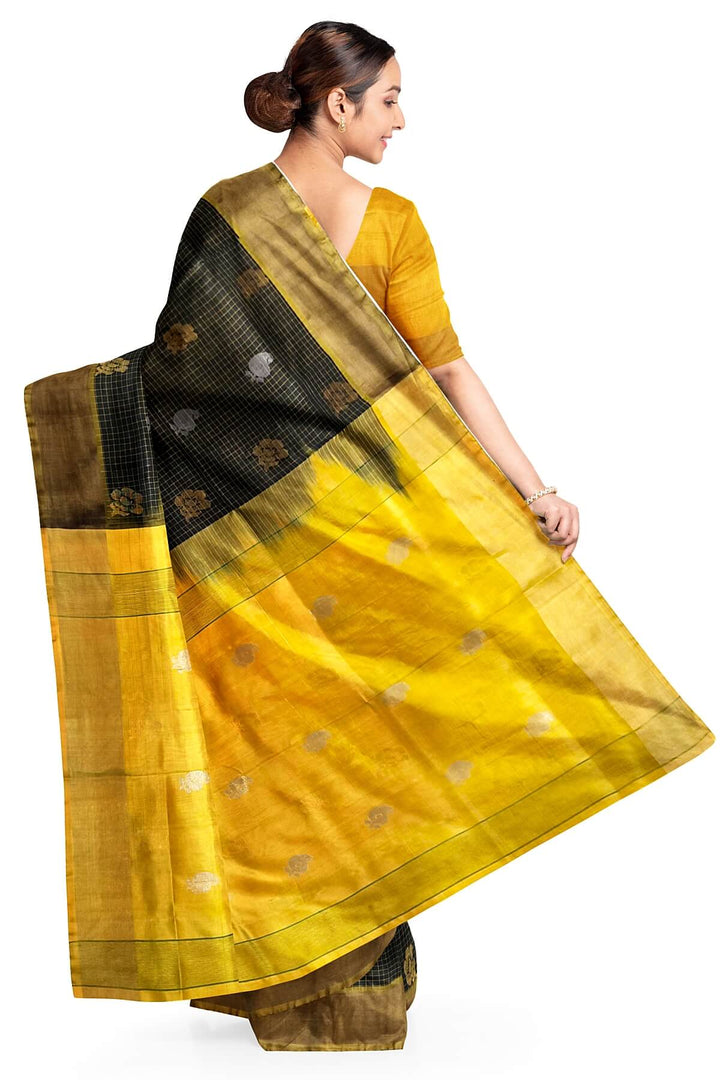 Handwoven Uppada pure silk saree in checks in black