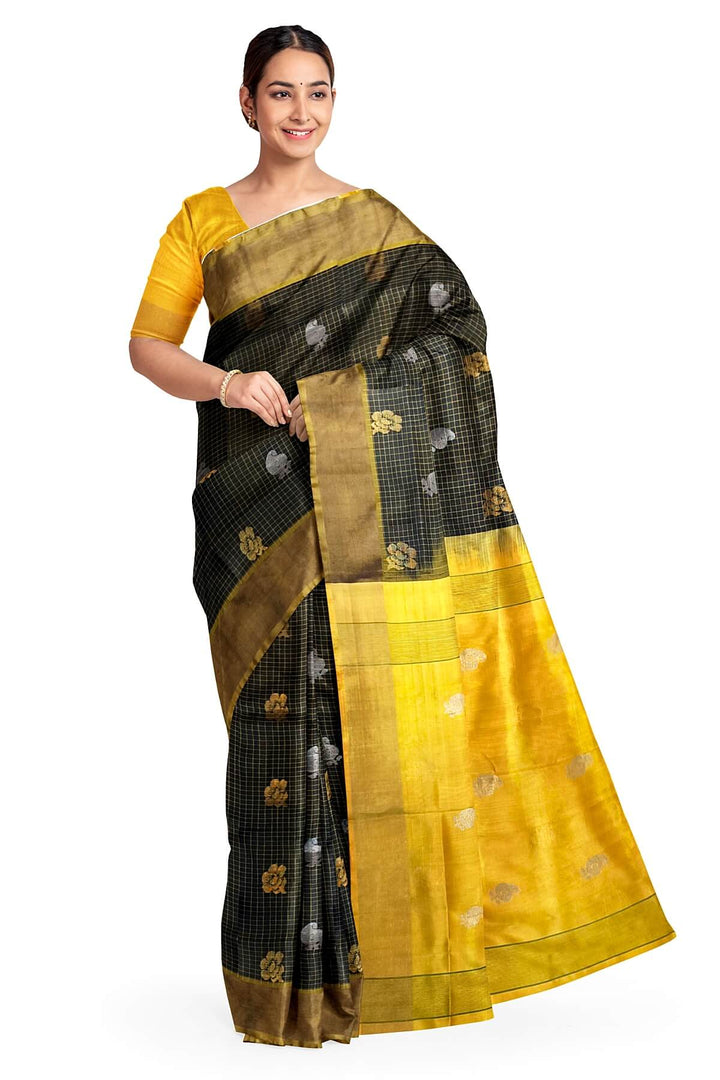 Handwoven Uppada pure silk saree in checks in black