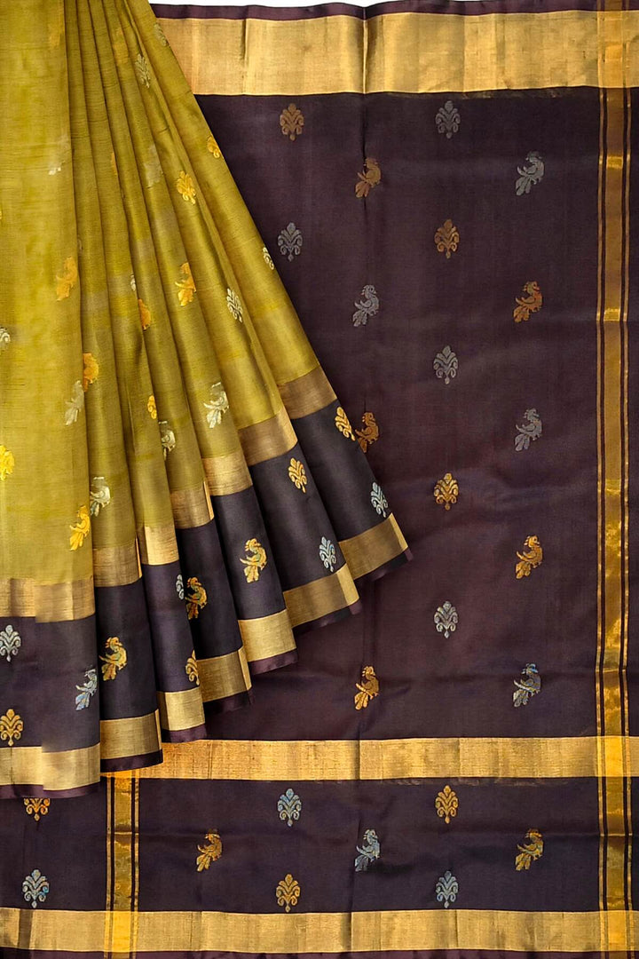 Handwoven Uppada pure silk saree in olive green