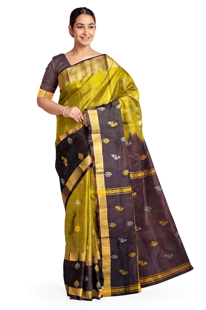 Handwoven Uppada pure silk saree in olive green