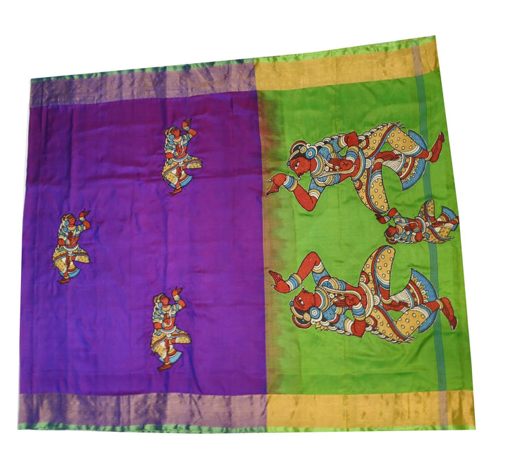 Kalamkari applique on Uppada pure silk saree in  purple & green