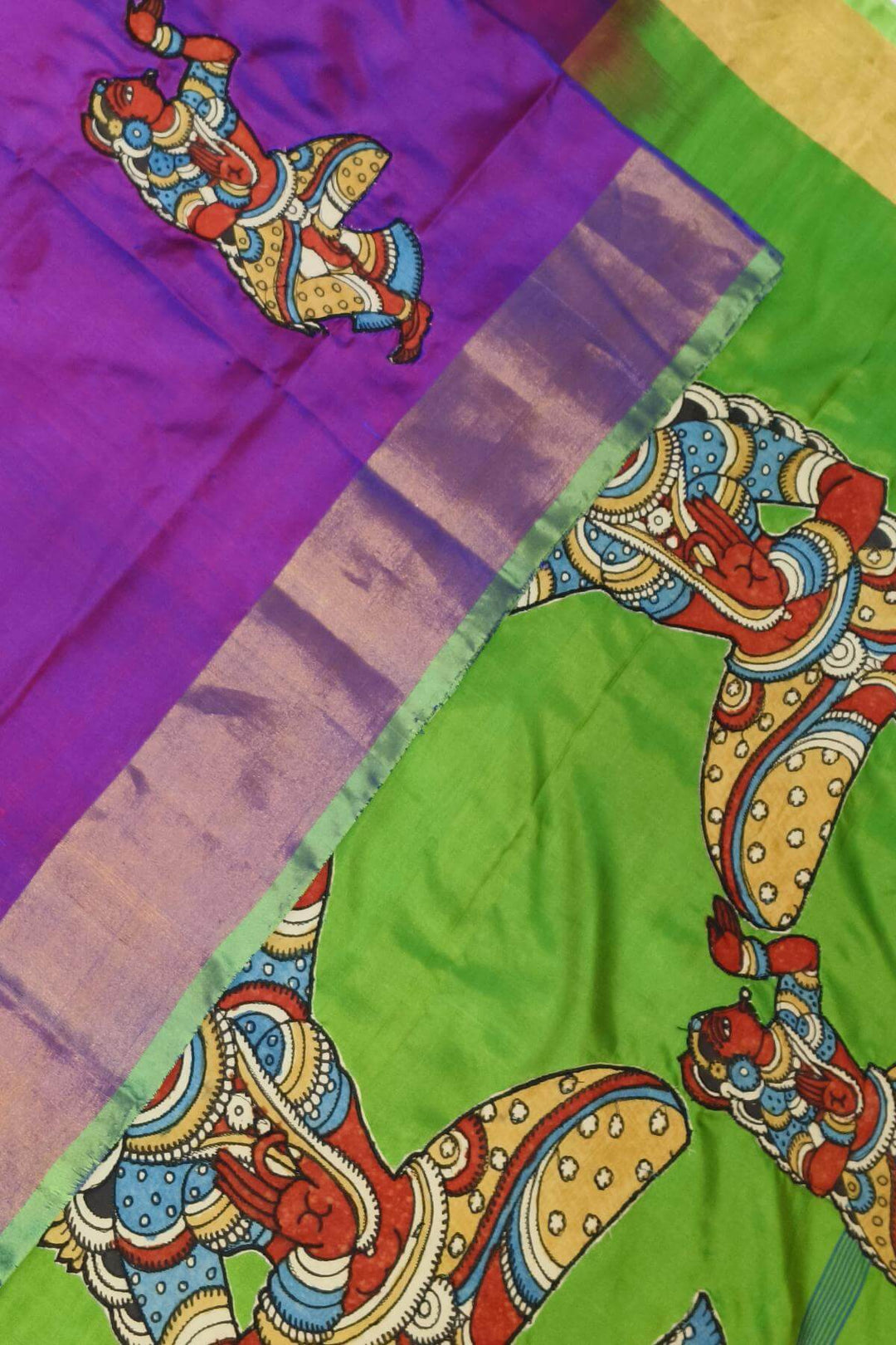 Kalamkari applique on Uppada pure silk saree in  purple & green