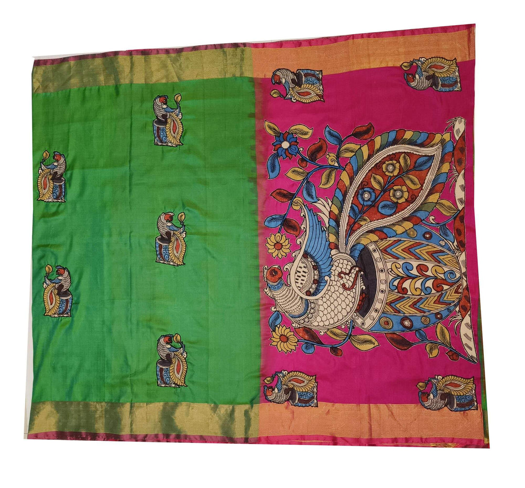 Kalamkari applique on Uppada pure silk saree in  green & pink