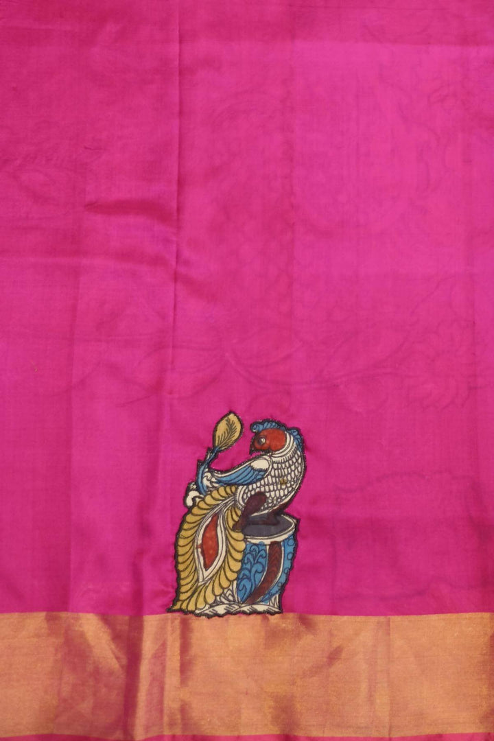 Kalamkari applique on Uppada pure silk saree in  green & pink