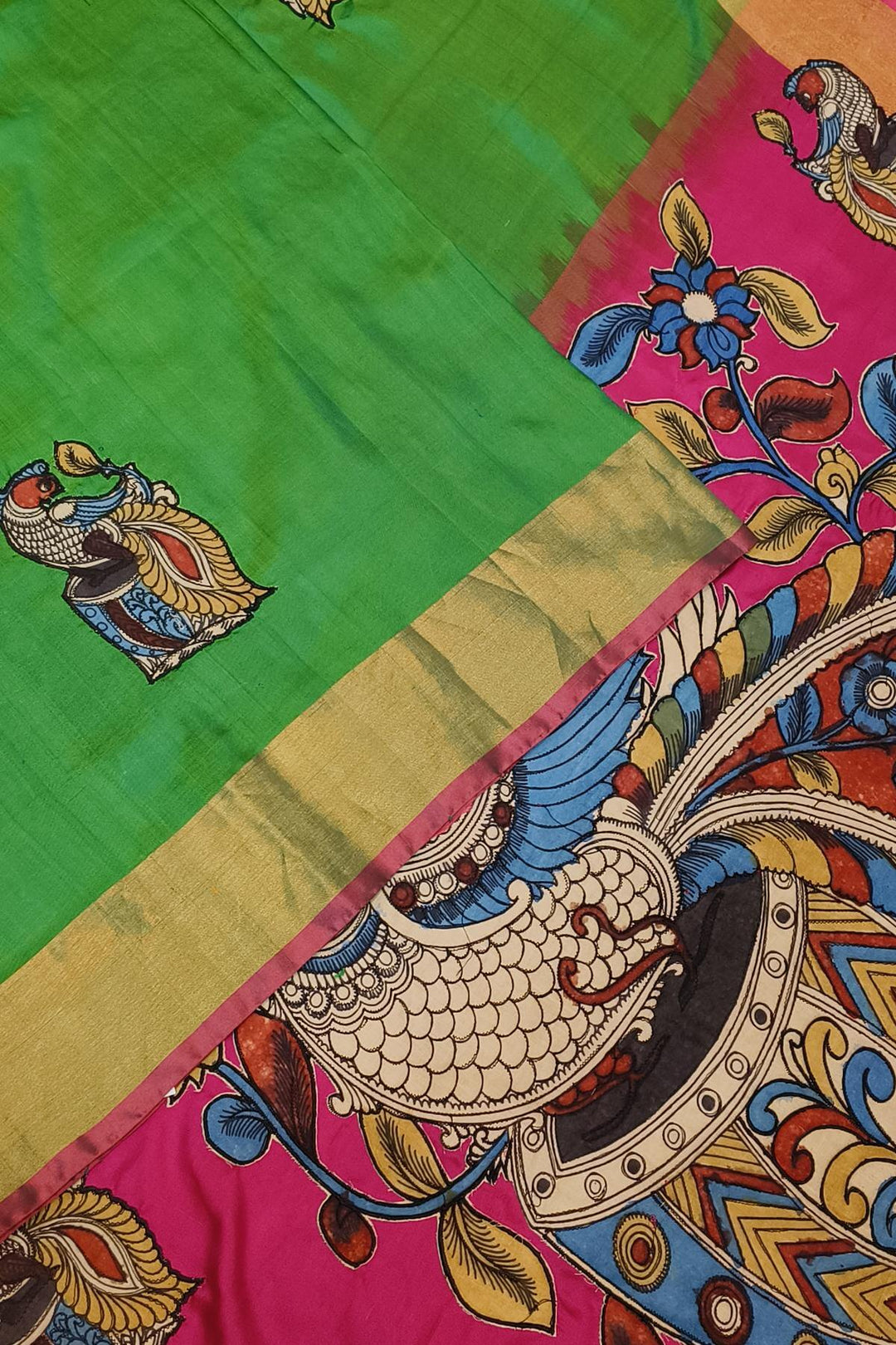 Kalamkari applique on Uppada pure silk saree in  green & pink