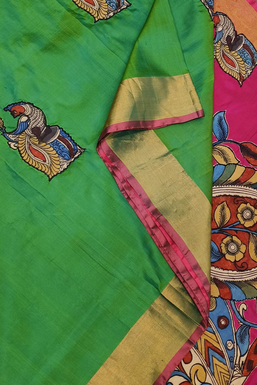Kalamkari applique on Uppada pure silk saree in  green & pink