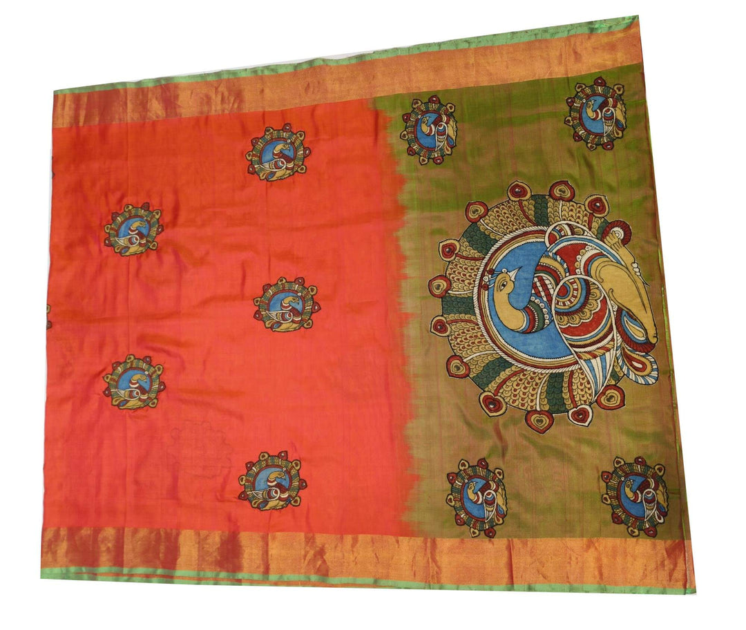 Kalamkari applique on Uppada pure silk saree in  orange & green