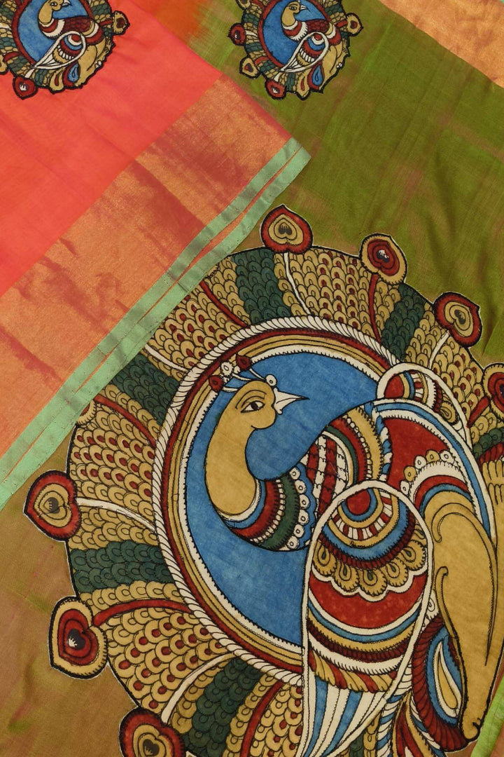 Kalamkari applique on Uppada pure silk saree in  orange & green