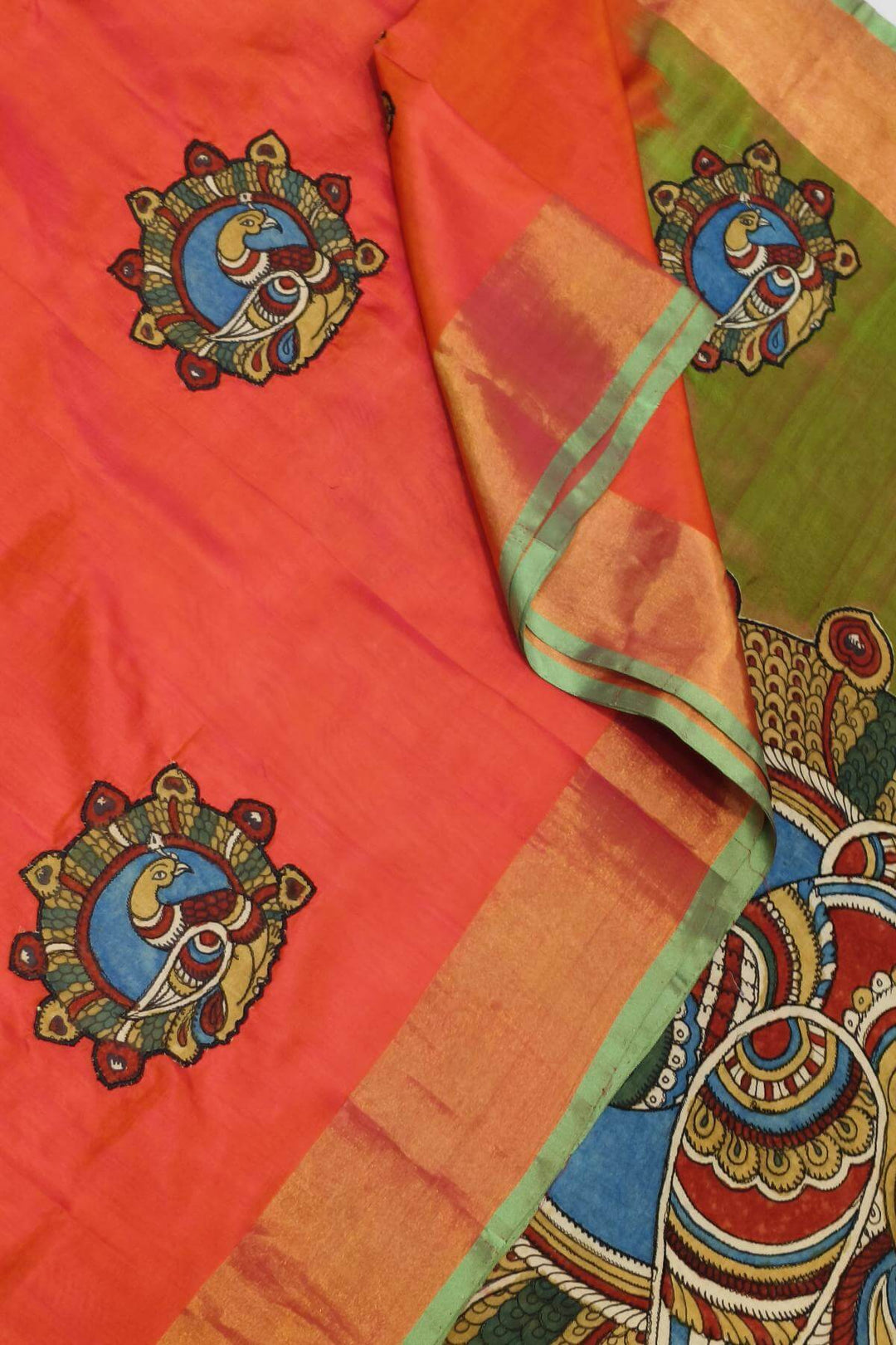 Kalamkari applique on Uppada pure silk saree in  orange & green