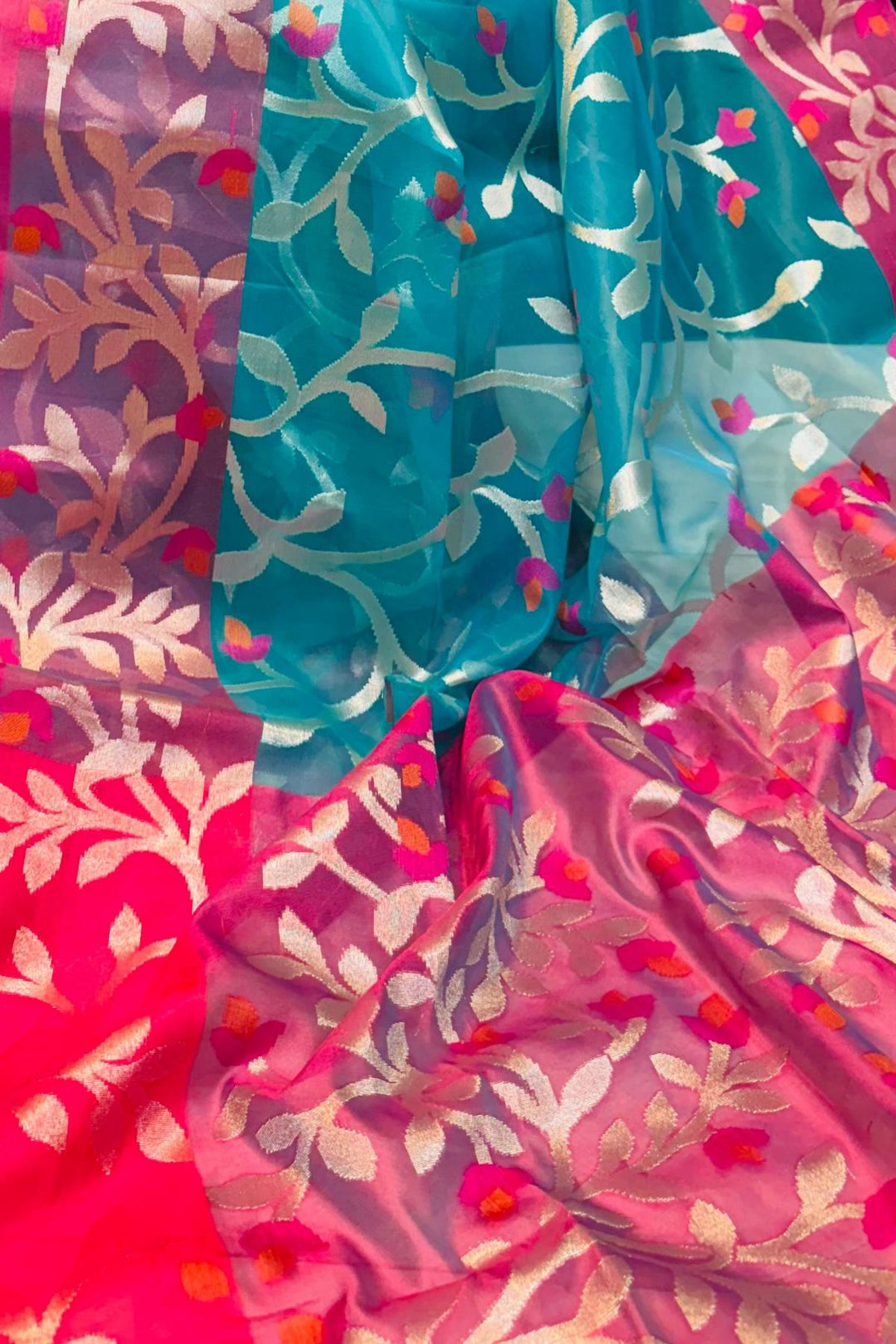 Muslin organza saree in sky blue  & pink  in jamdani weave