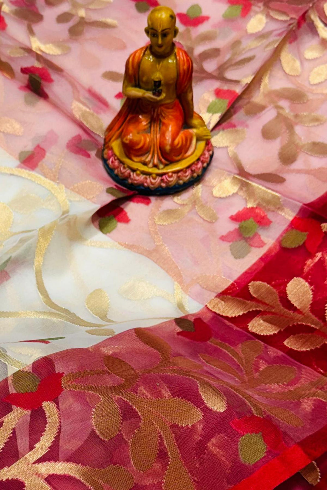Muslin organza saree in off white & red  in jamdani weave