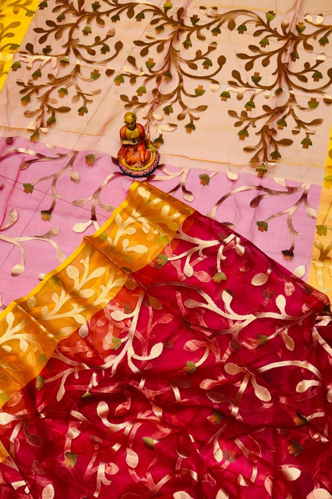 Muslin organza saree in red  & yellow  in jamdani weave