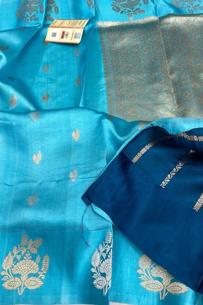 Banarasi  katan pure silk saree in sea blue with small motifs