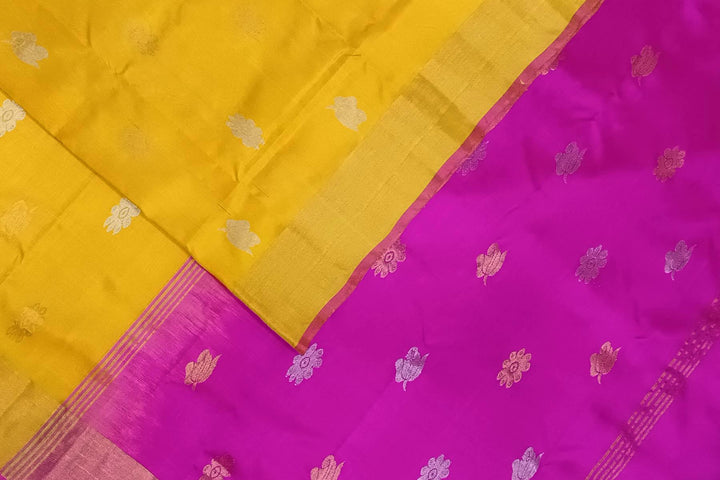 Handwoven Uppada pure silk saree in yellow with gold & silver motifs