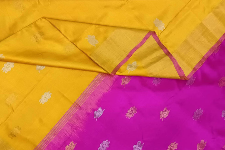 Handwoven Uppada pure silk saree in yellow with gold & silver motifs