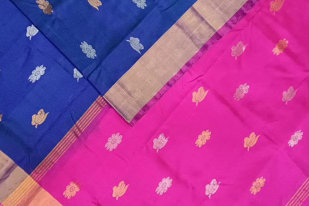 Handwoven Uppada pure silk saree in peacock blue with gold & silver motifs