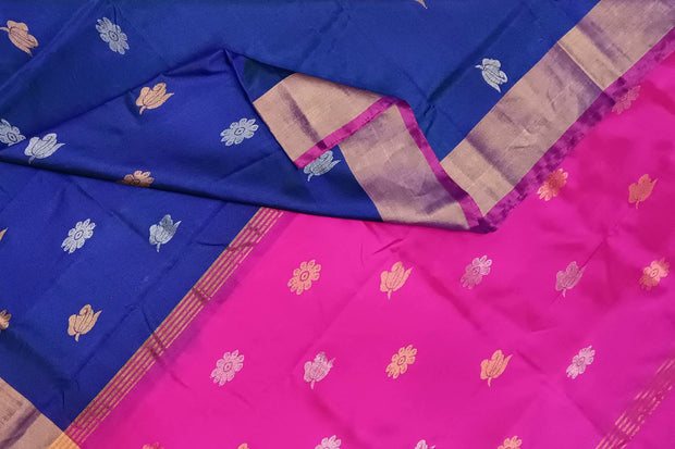 Handwoven Uppada pure silk saree in peacock blue with gold & silver motifs