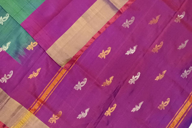 Handwoven Uppada pure silk saree in two tone green with gold & silver motifs