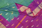 Handwoven Uppada pure silk saree in two tone green with gold & silver motifs