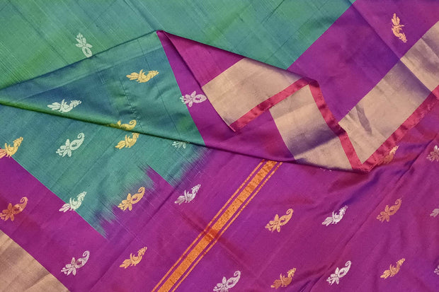 Handwoven Uppada pure silk saree in two tone green with gold & silver motifs