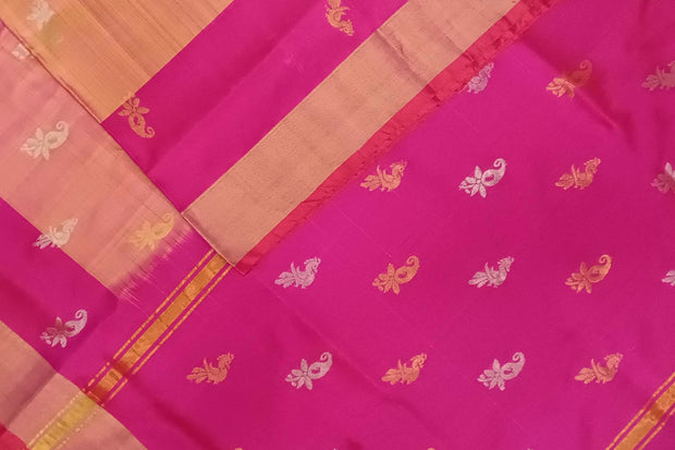 Handwoven Uppada pure silk saree in two tone yellow with gold & silver motifs