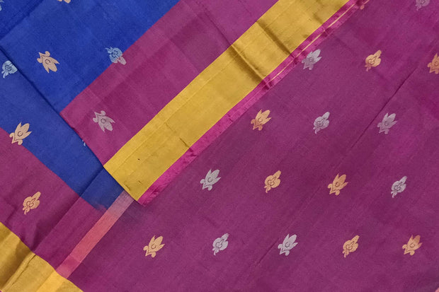 Handwoven Uppada pure silk saree in violet with gold & silver motifs