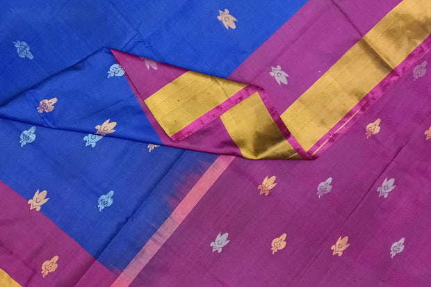 Handwoven Uppada pure silk saree in violet with gold & silver motifs