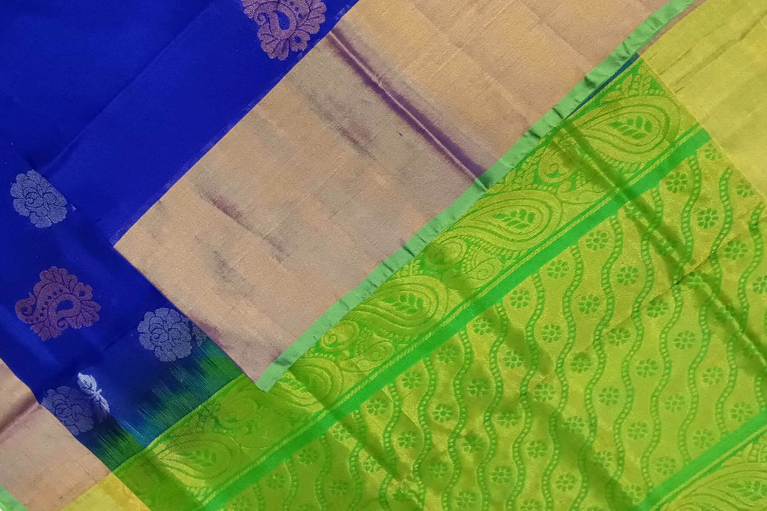 Handwoven Uppada pure silk saree in  violet with gold & silver motifs .
