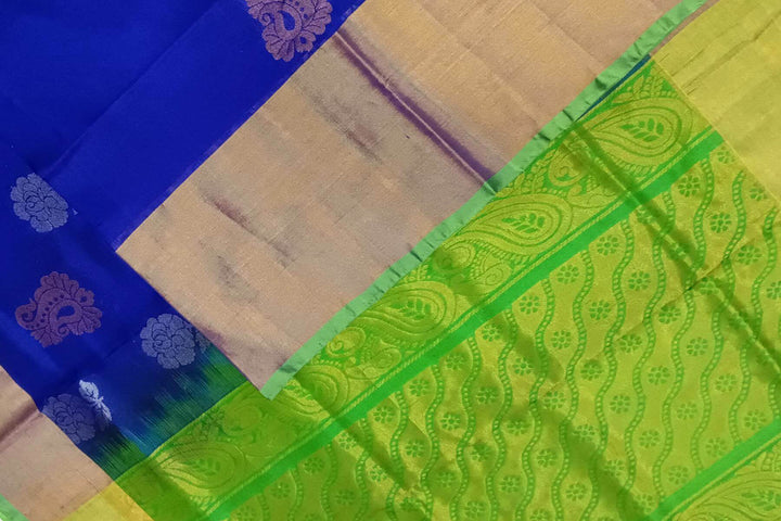 Handwoven Uppada pure silk saree in  violet with gold & silver motifs .