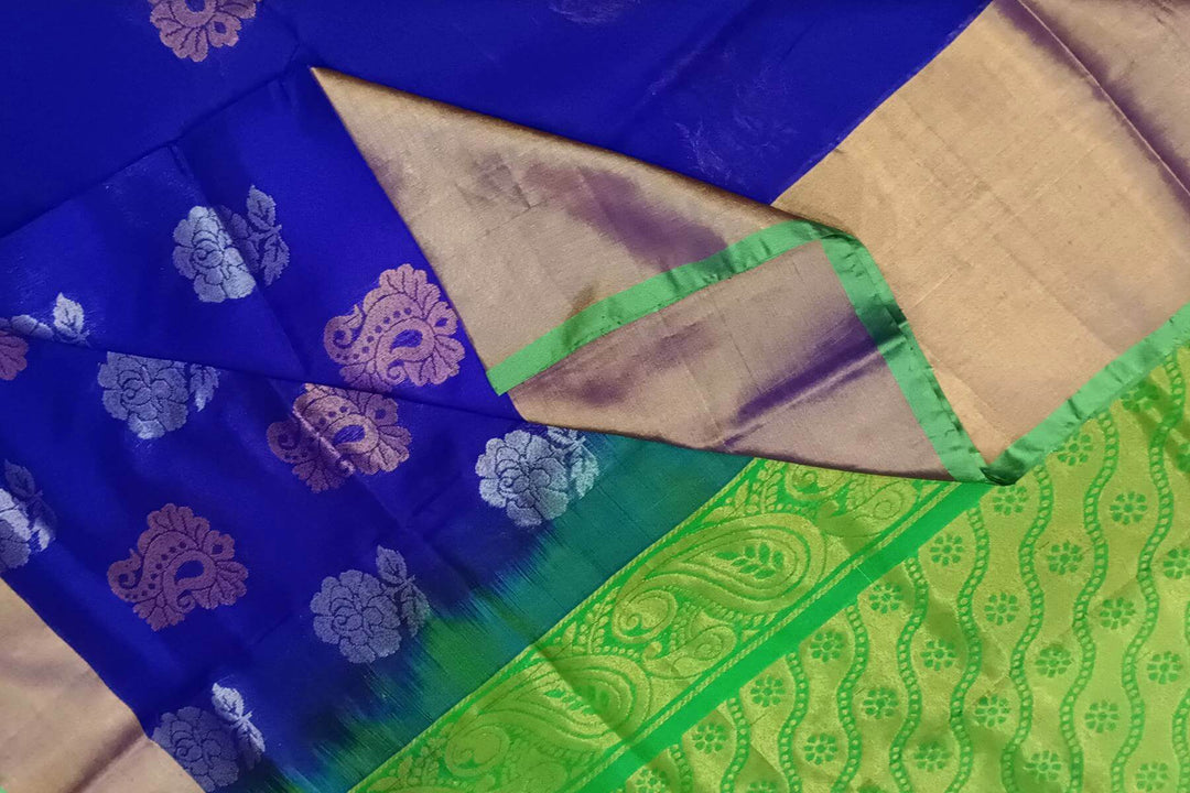 Handwoven Uppada pure silk saree in  violet with gold & silver motifs .