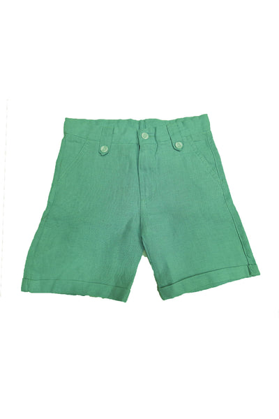 Solid linen shorts with stretchable waist and pockets in teal green