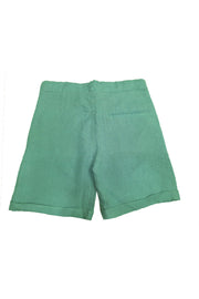 Solid linen shorts with stretchable waist and pockets in teal green