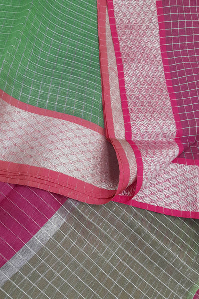 Handloom Banarasi silk cotton saree in green & pink   in checks with floral pattern in border