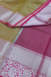 Handloom Banarasi silk cotton saree in honey in  checks with floral pattern in border