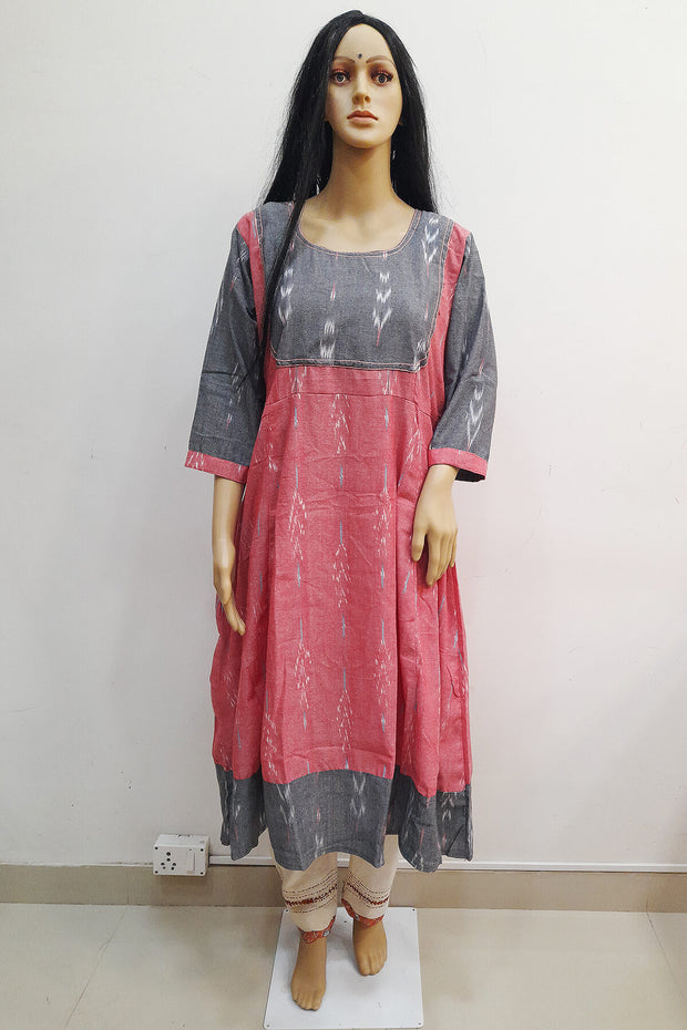 Ikat cotton  yoke design kurta in pink & grey