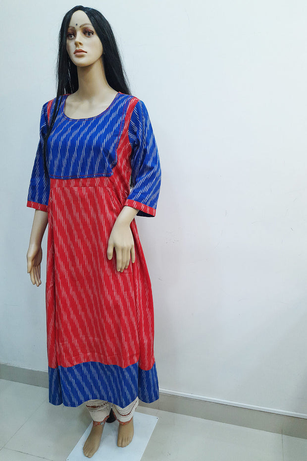 Ikat cotton  yoke design kurta in red & blue