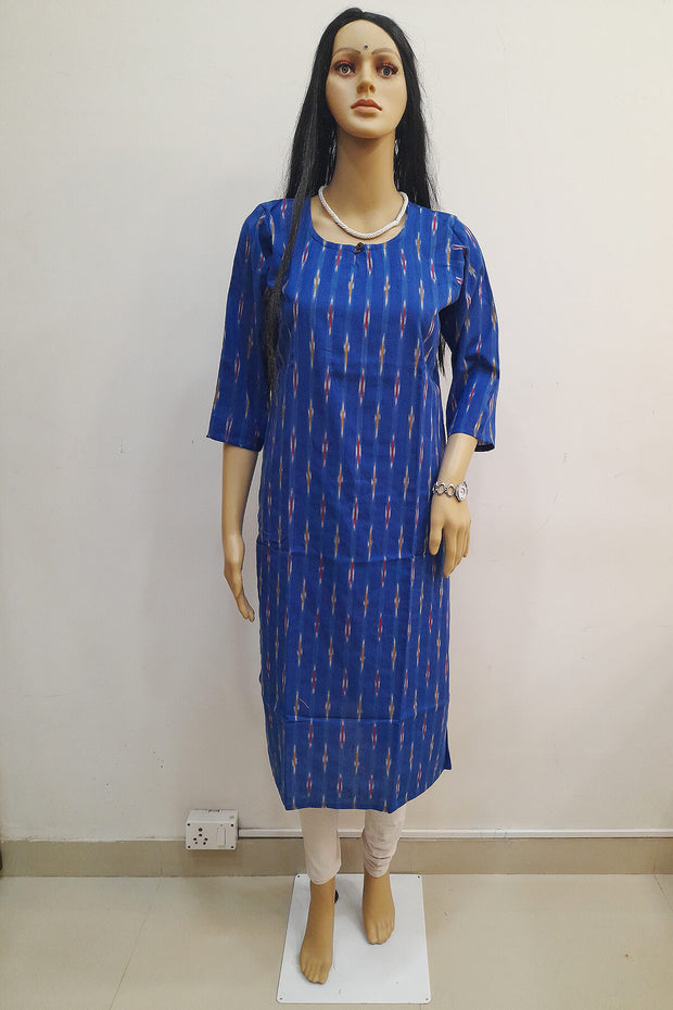 Handwoven ikat cotton kurta in straight cut in blue