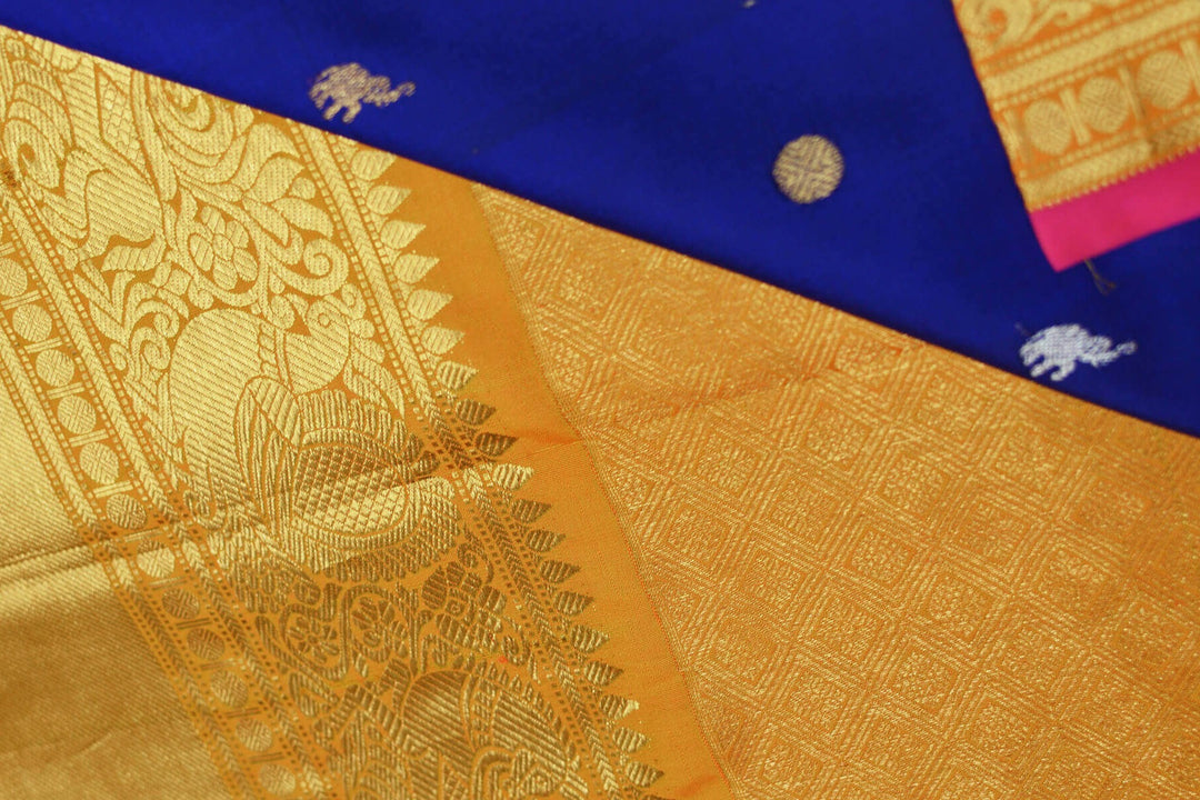 Kanchi pure silk pure zari saree with elephant & bead motif in gold and silver