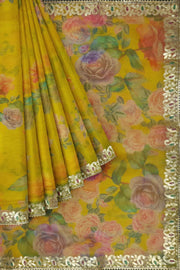 Floral printed yellow organza saree  with gotta patti work