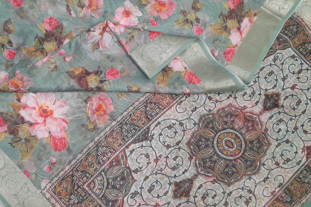Printed organza saree in grey in floral pattern