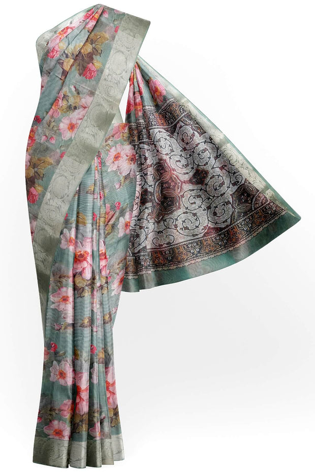 Printed organza saree in grey in floral pattern