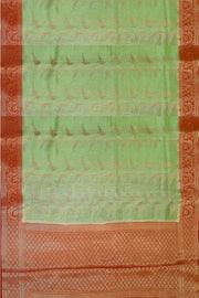 Linen silk saree in green & orange with Banarasi pallu & border