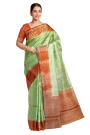 Linen silk saree in green & orange with Banarasi pallu & border