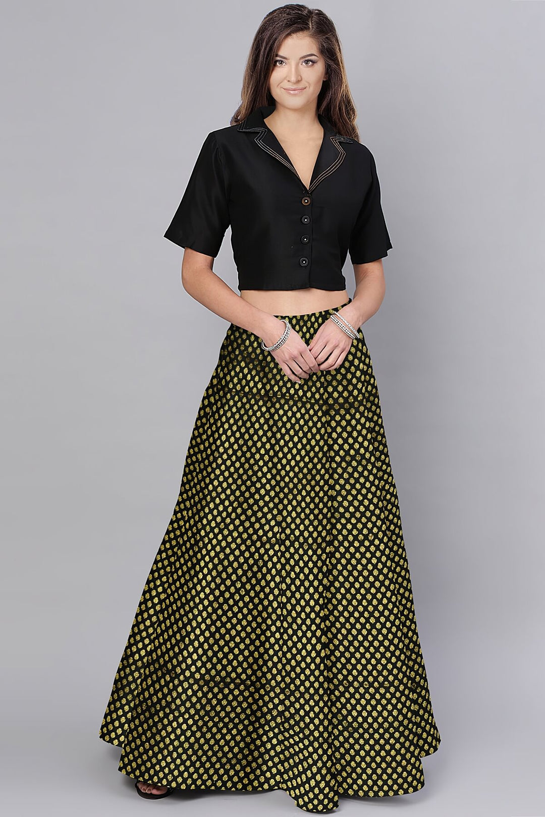 Banarasi  silk fabric in black  . Available in multiples of 1M & 2.5M