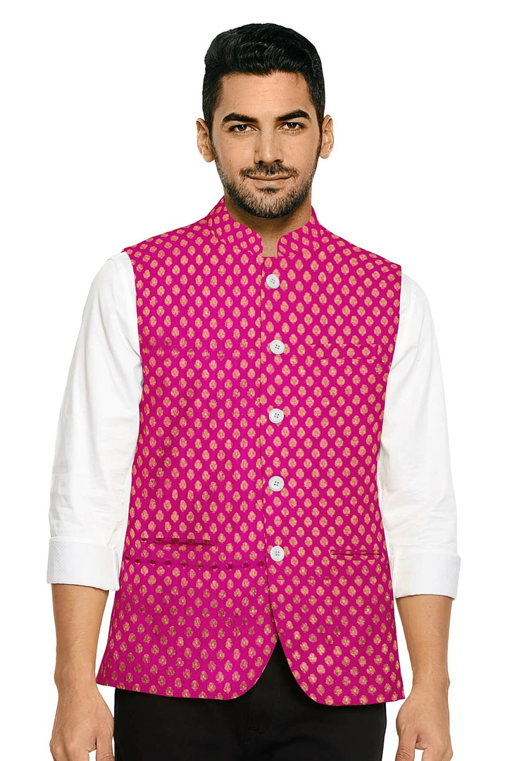 Banarasi  silk fabric in pink. Available in multiples of 1M & 2.5M
