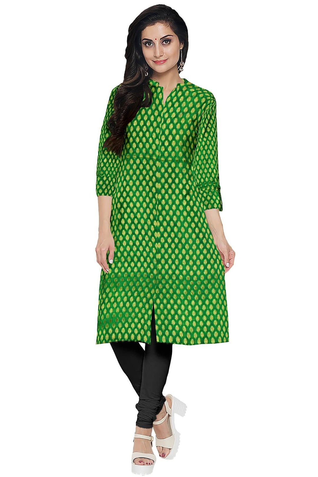 Banarasi  silk fabric in green  . Available in multiples of 1M & 2.5M