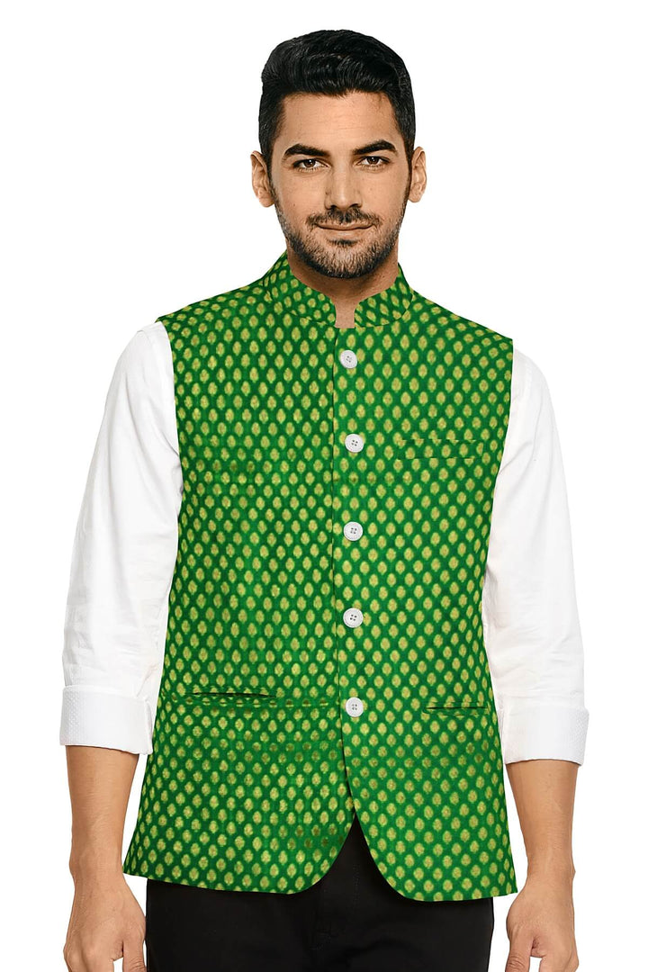 Banarasi  silk fabric in green  . Available in multiples of 1M & 2.5M