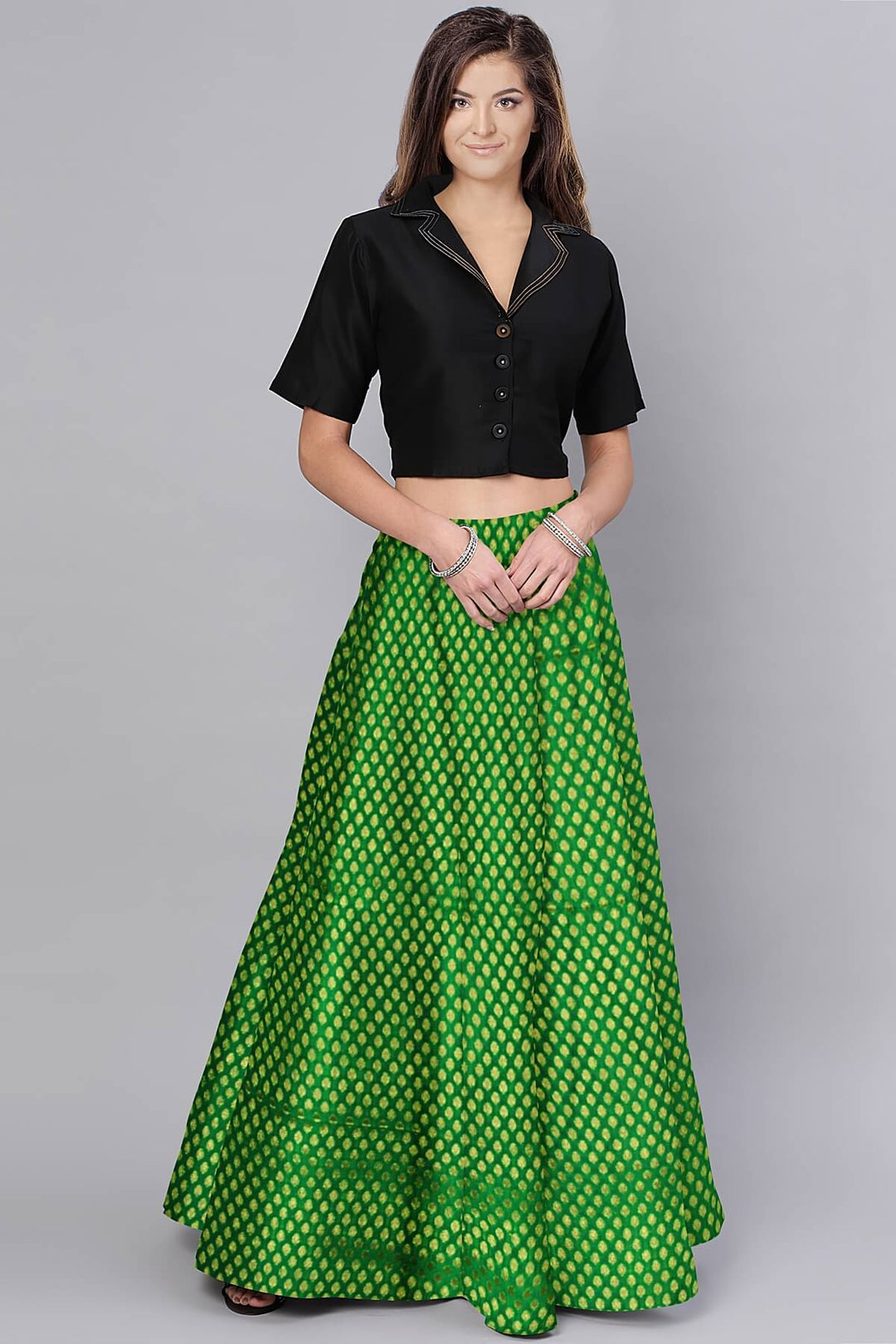 Banarasi  silk fabric in green  . Available in multiples of 1M & 2.5M