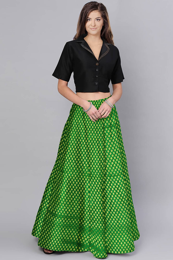 Banarasi  silk fabric in green  . Available in multiples of 1M & 2.5M