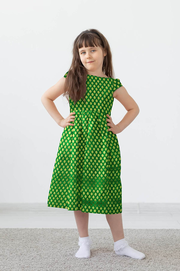 Banarasi  silk fabric in green  . Available in multiples of 1M & 2.5M